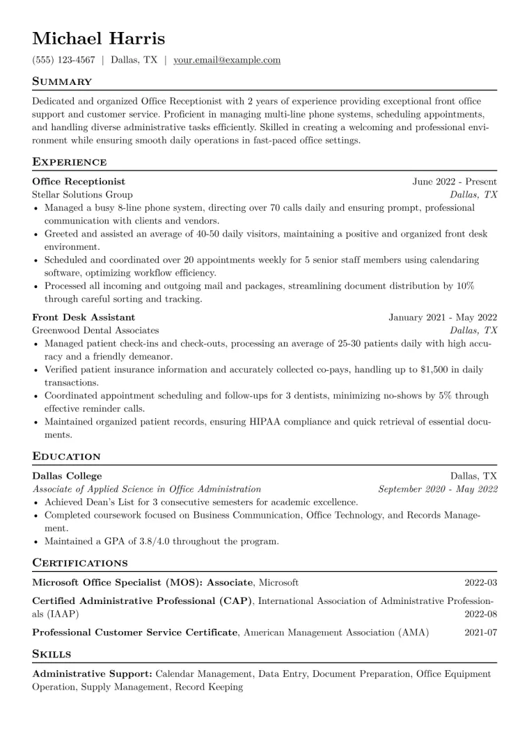 Office Receptionist Resume Example CV template preview