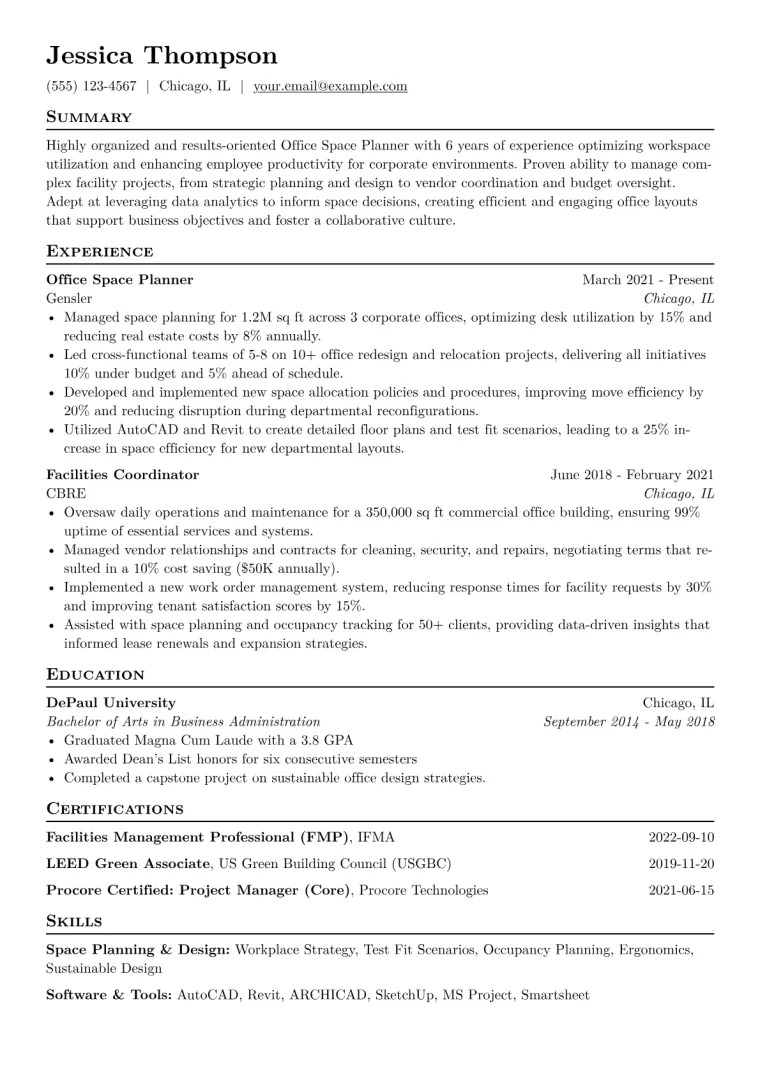 Office Space Planner Resume Example CV template preview