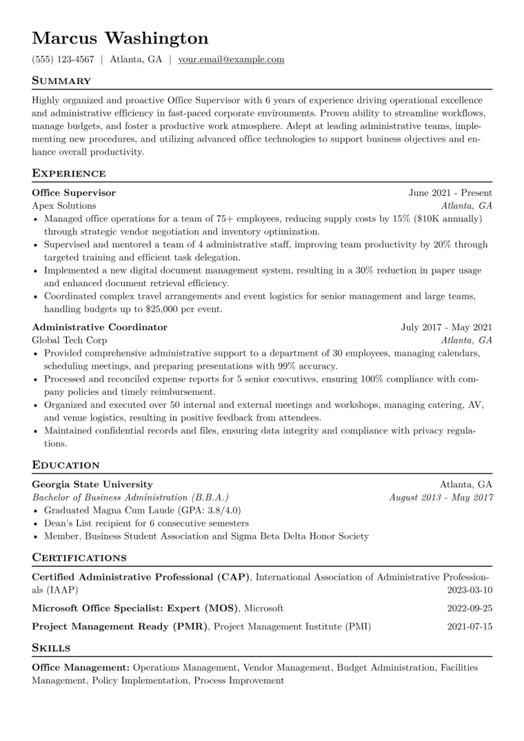 Office Supervisor Resume Example CV template preview