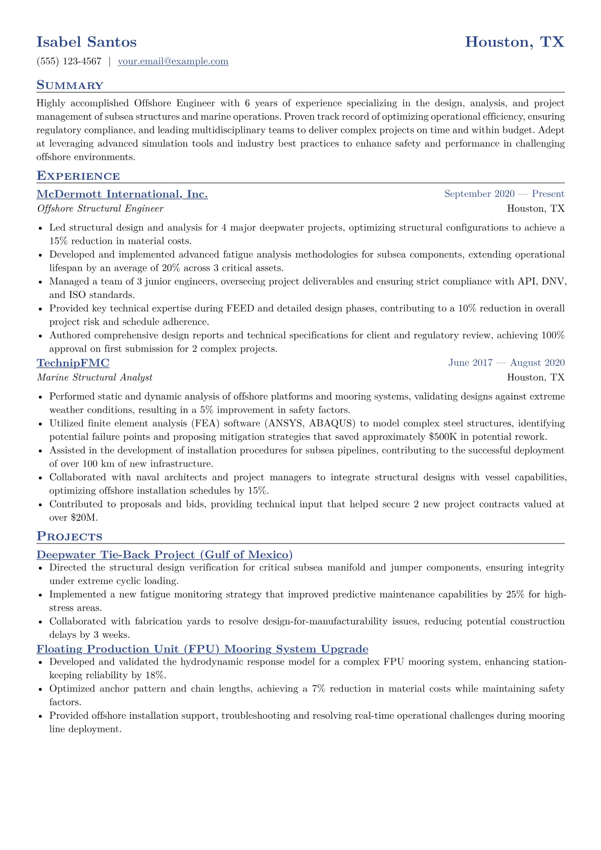 Offshore Engineer Resume Example CV template - Page 1