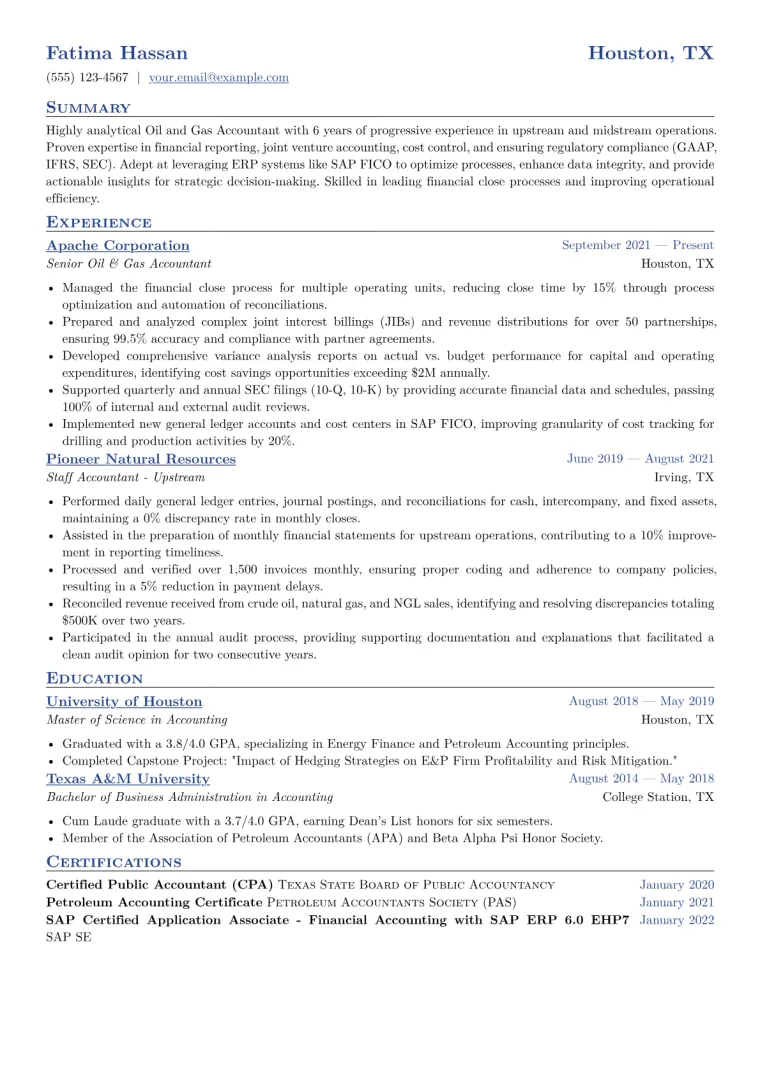Oil and Gas Accountant Resume Example CV template preview