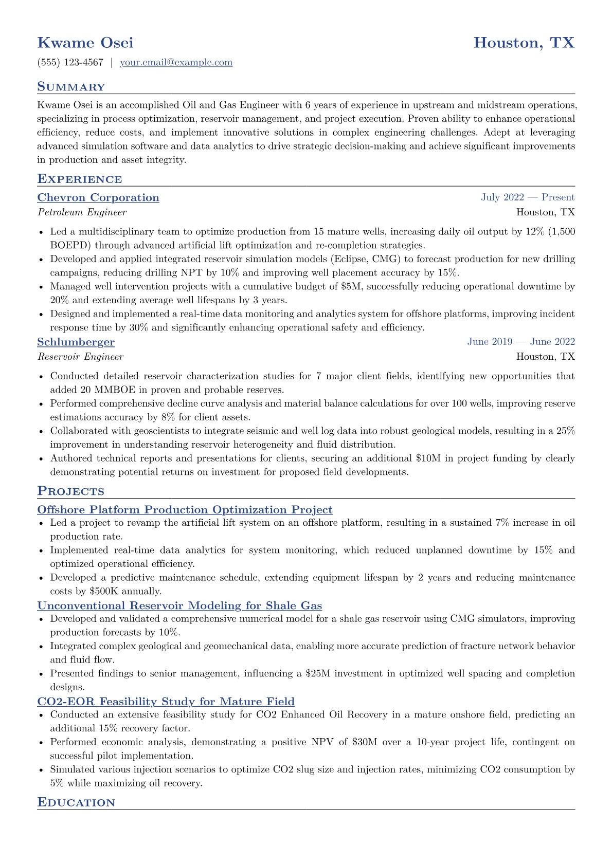 Oil and Gas Engineer Resume Example CV template - Page 1