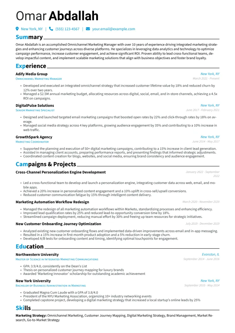 Omnichannel Marketing Manager Resume Example CV template preview