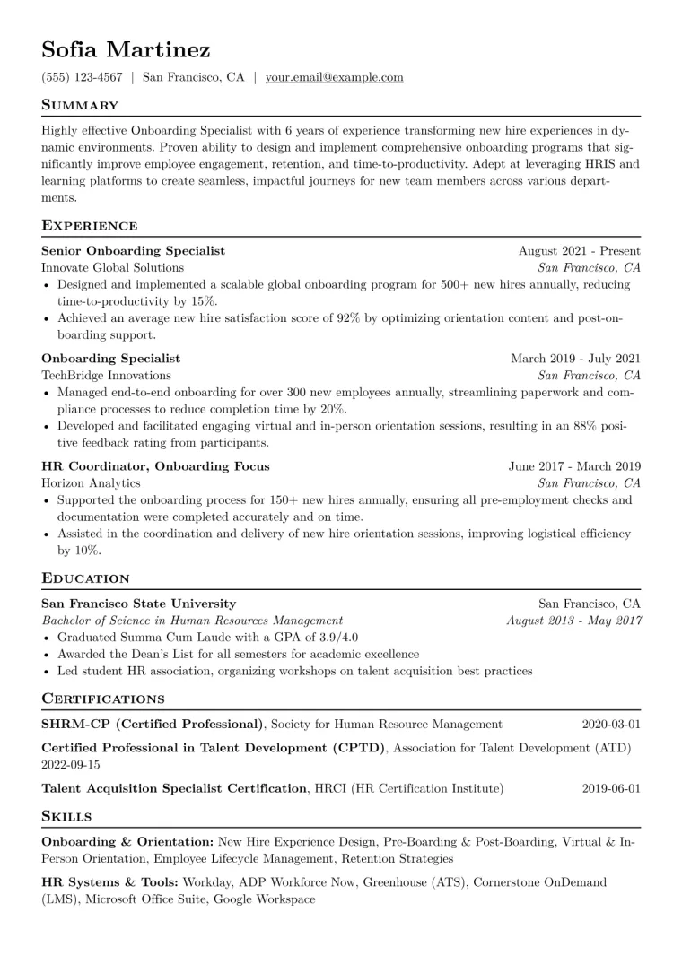Onboarding Specialist Resume Example CV template preview