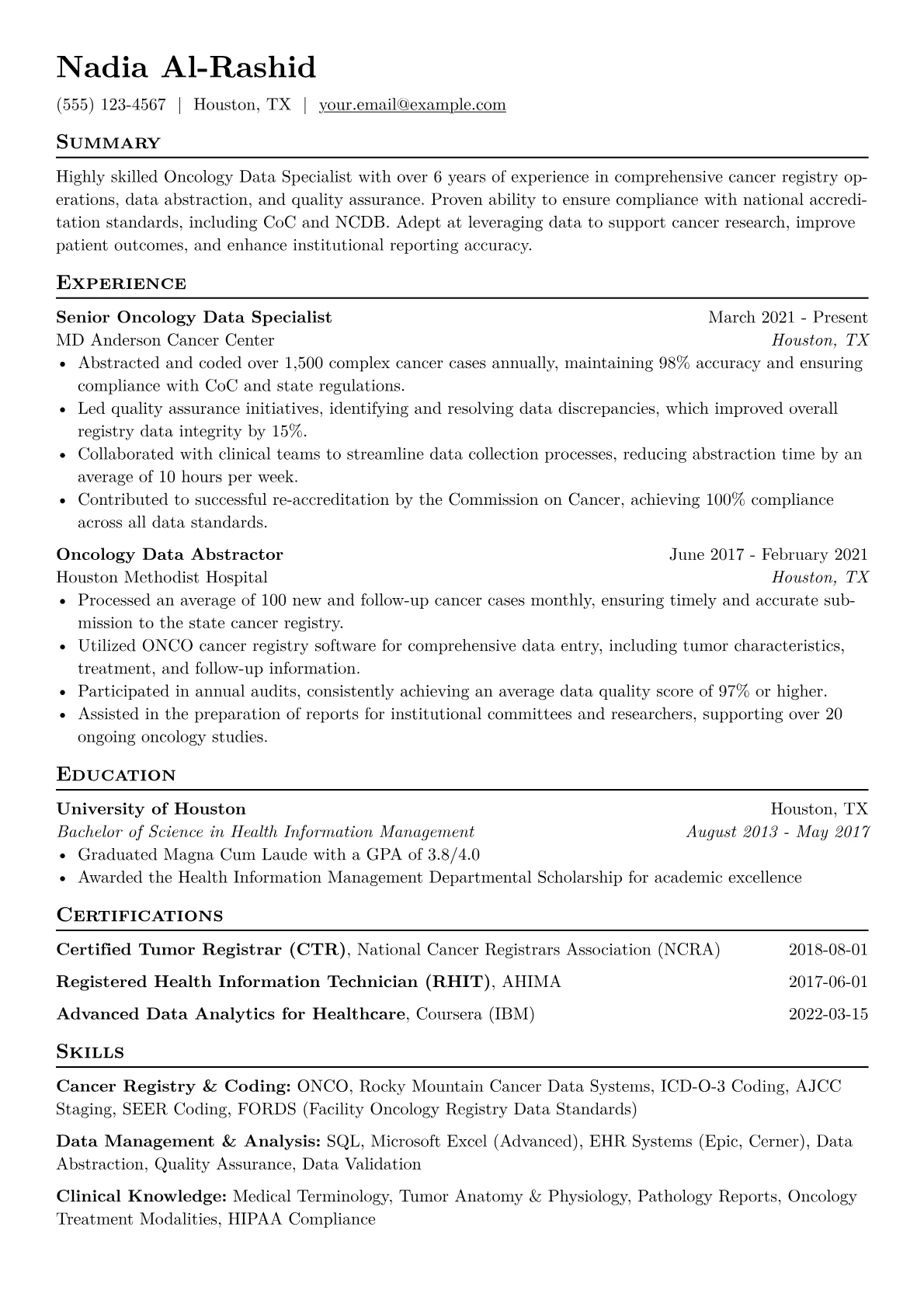 Oncology Data Specialist Resume Example CV template - Page 1