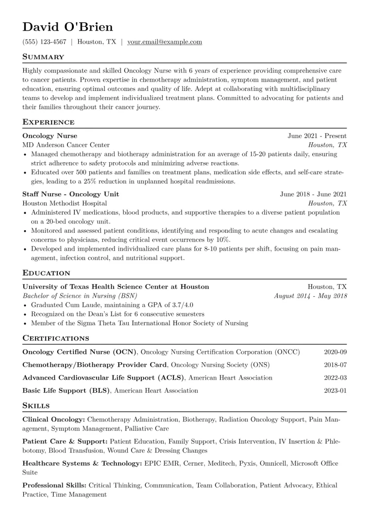 Oncology Nurse Resume Example CV template preview
