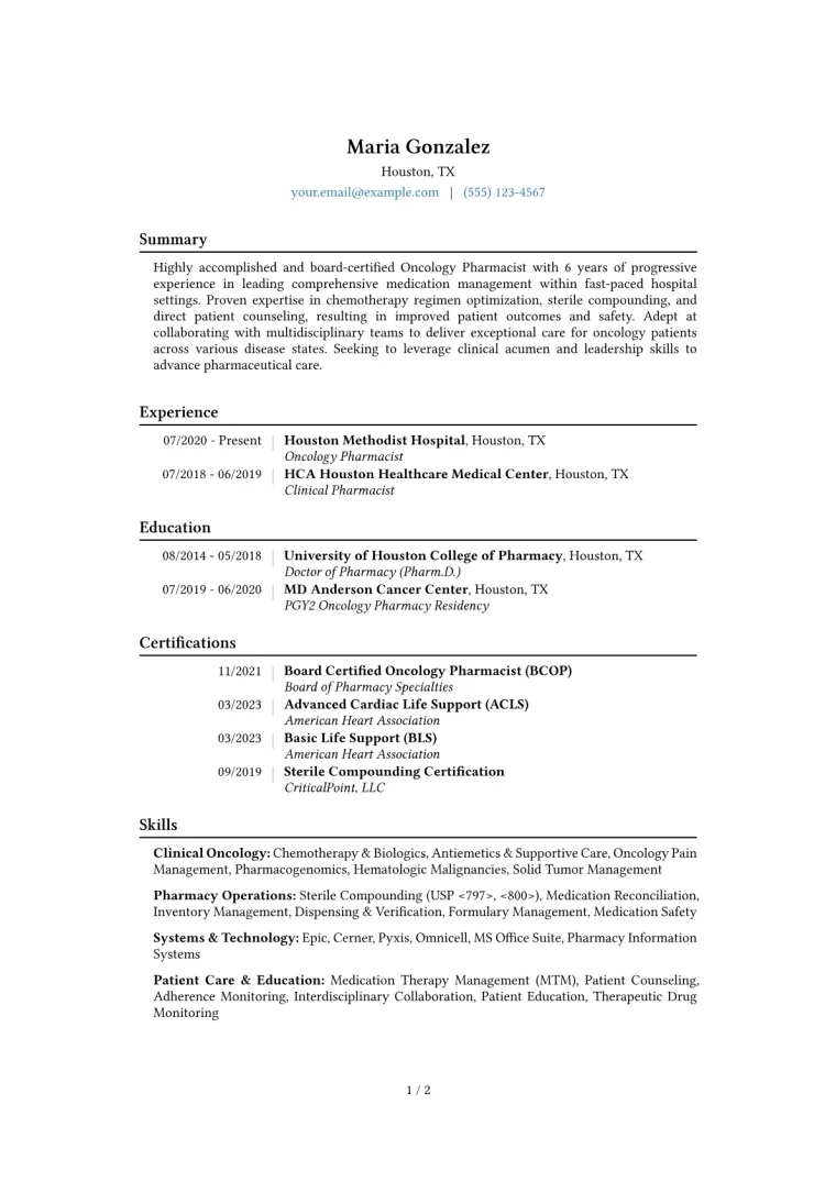 Oncology Pharmacist Resume Example CV template preview