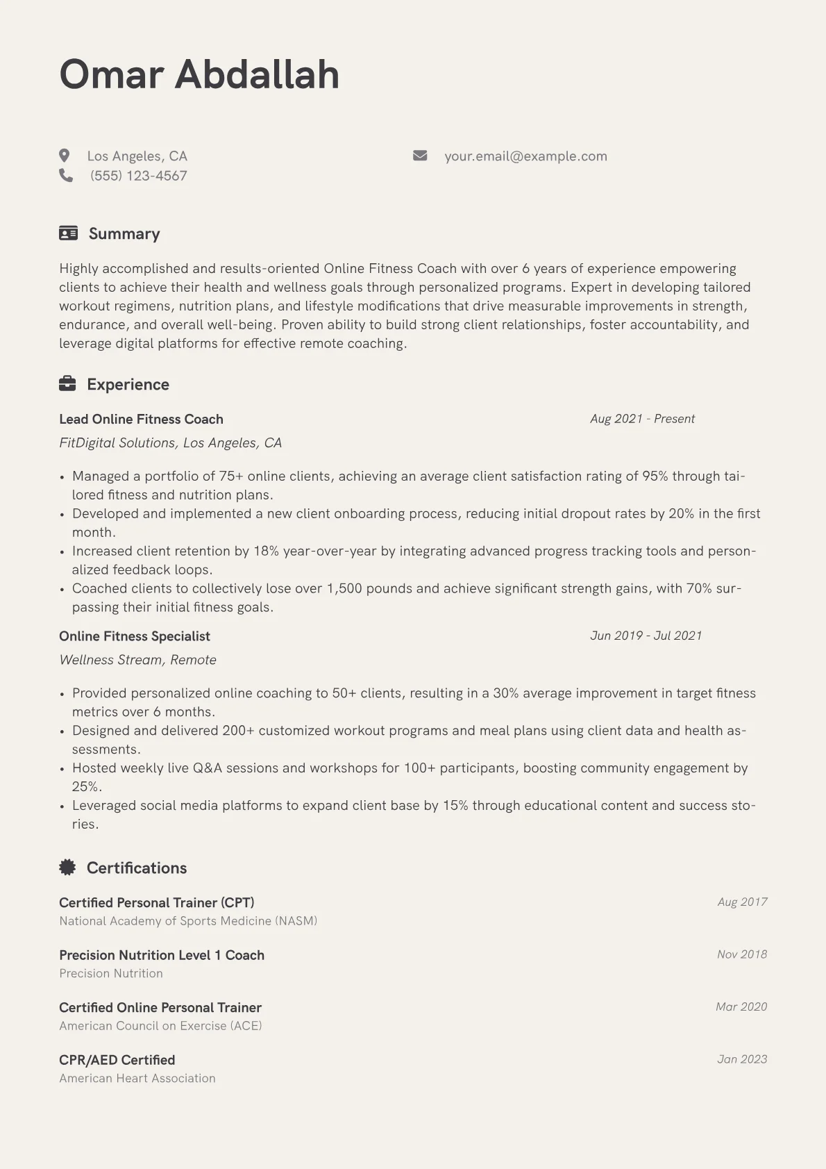 Online Fitness Coach Resume Example CV template - Page 1