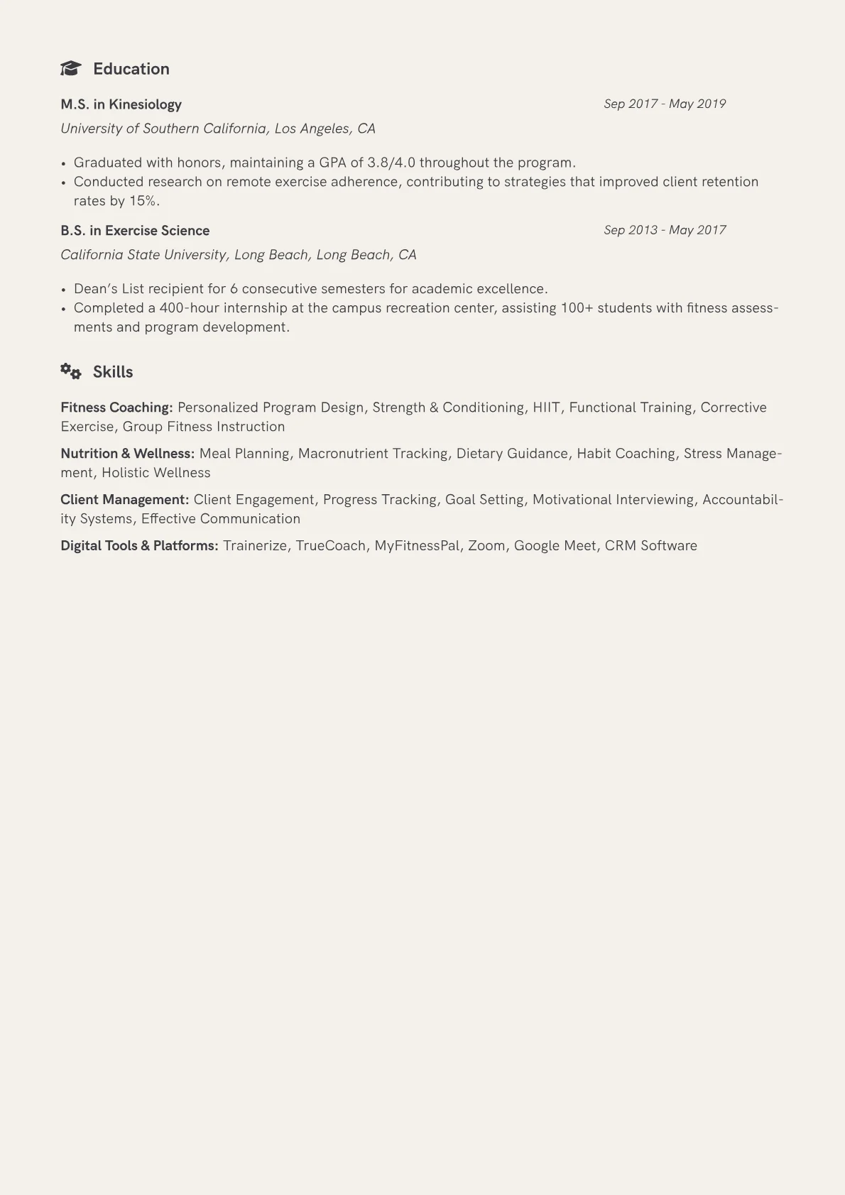 Online Fitness Coach Resume Example CV template - Page 2
