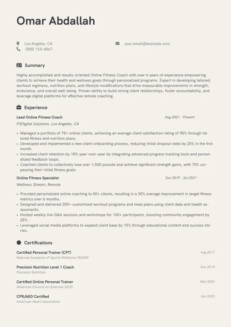 Online Fitness Coach Resume Example CV template preview