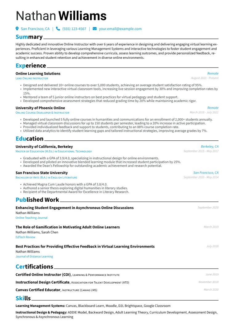 Online Instructor Resume Example