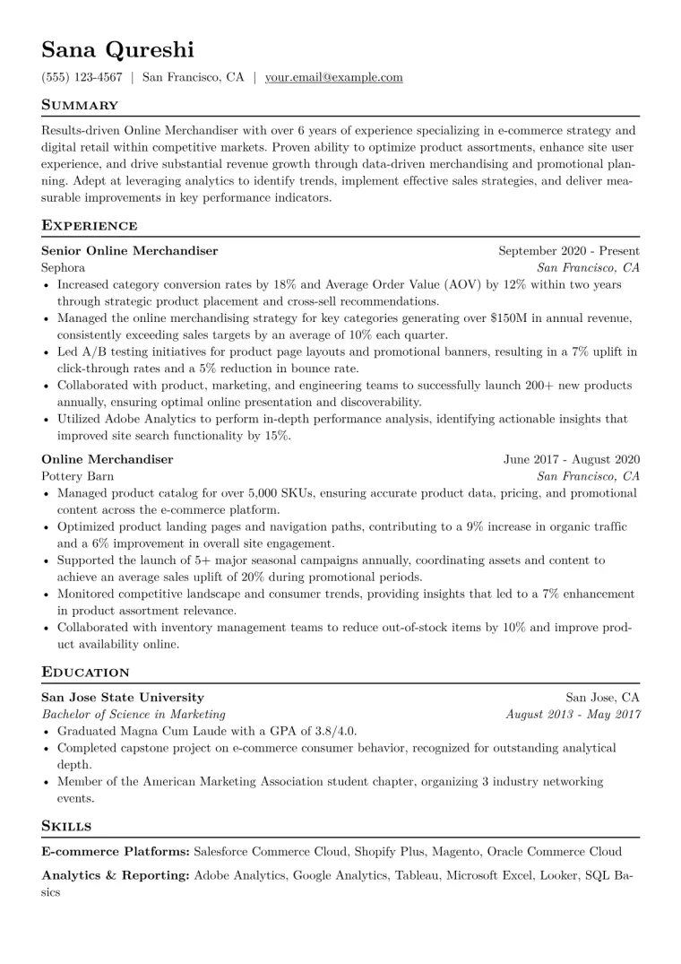 Online Merchandiser Resume Example CV template preview