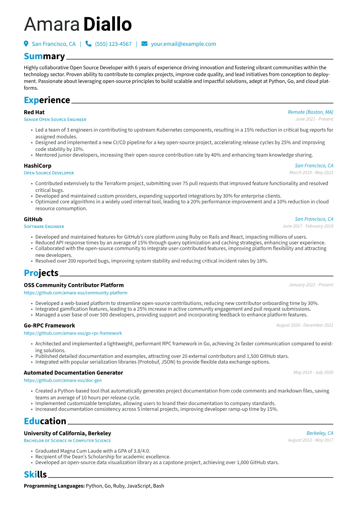 Open Source Developer Resume Example CV template - Page 1