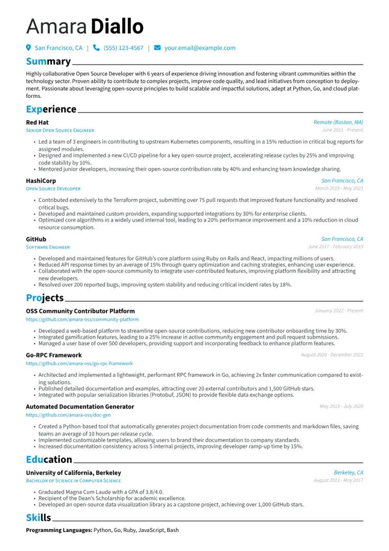 Open Source Developer Resume Example CV template preview