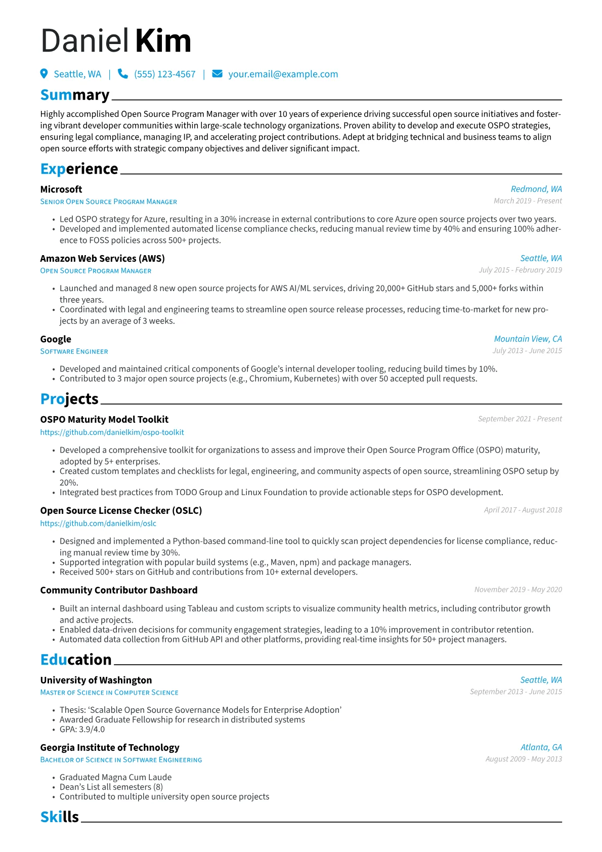 Open Source Program Manager Resume Example CV template - Page 1