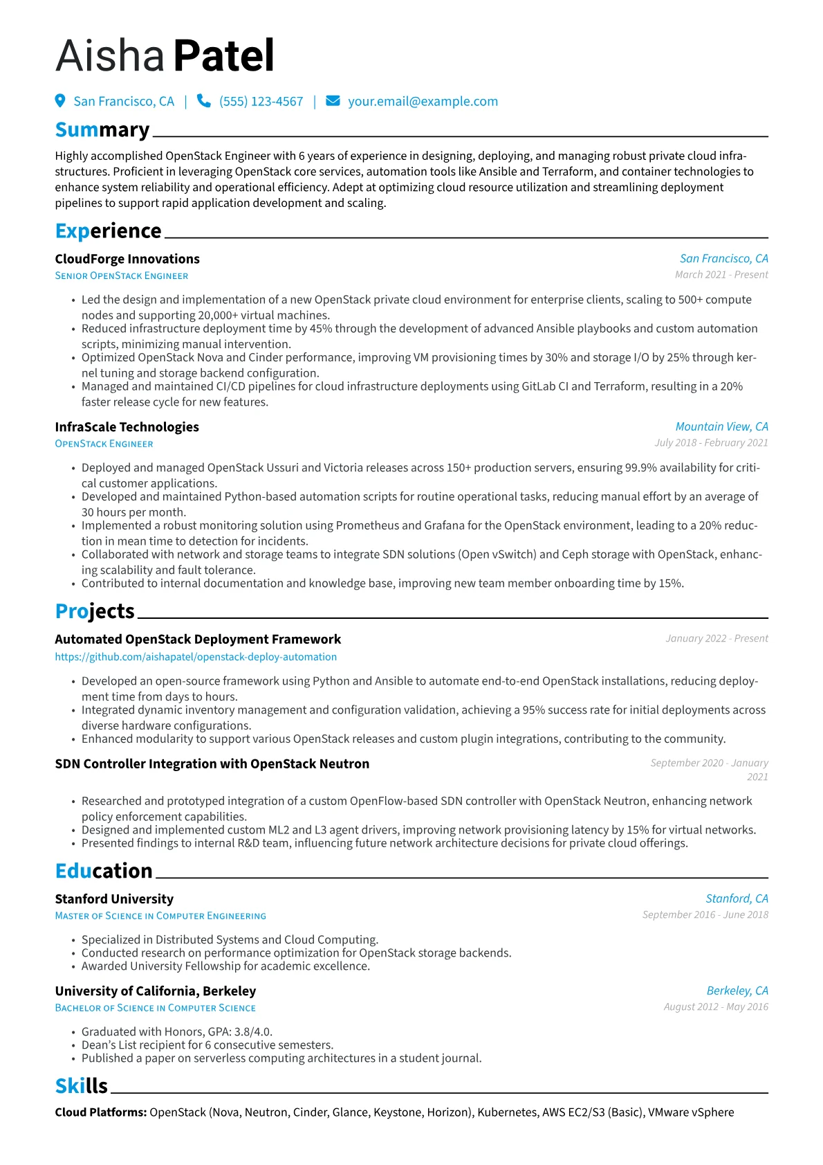OpenStack Engineer Resume Example CV template - Page 1