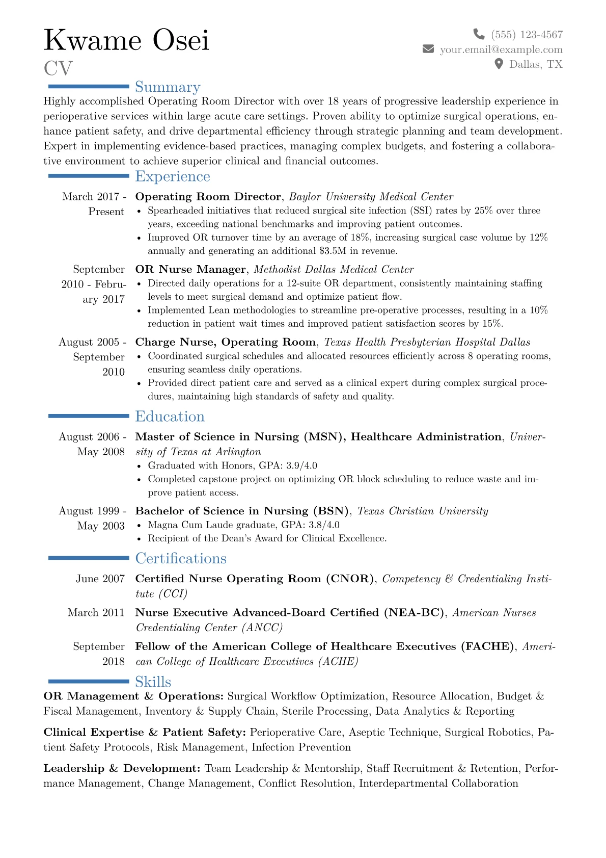 Operating Room Director Resume Example CV template - Page 1
