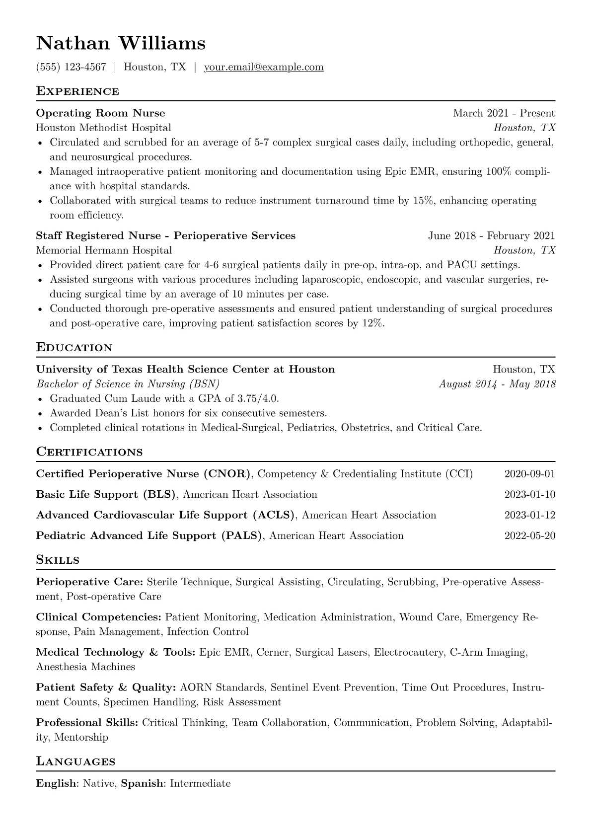 Operating Room Nurse Resume Example CV template - Page 1