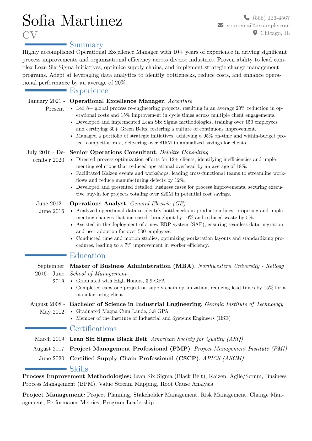 Operational Excellence Manager Resume Example CV template - Page 1