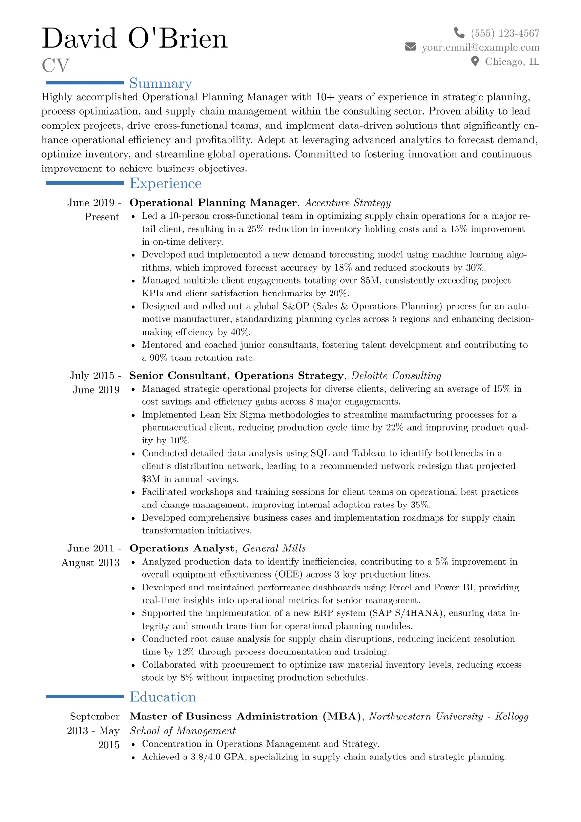 Operational Planning Manager Resume Example CV template - Page 1