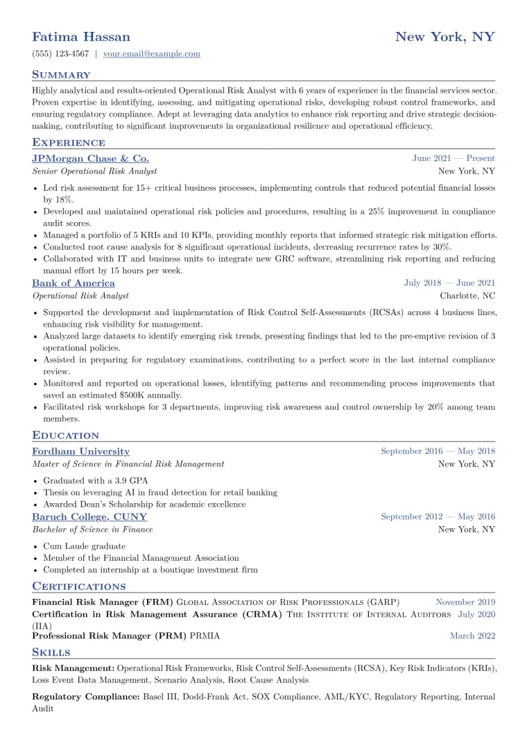 Operational Risk Analyst Resume Example CV template preview