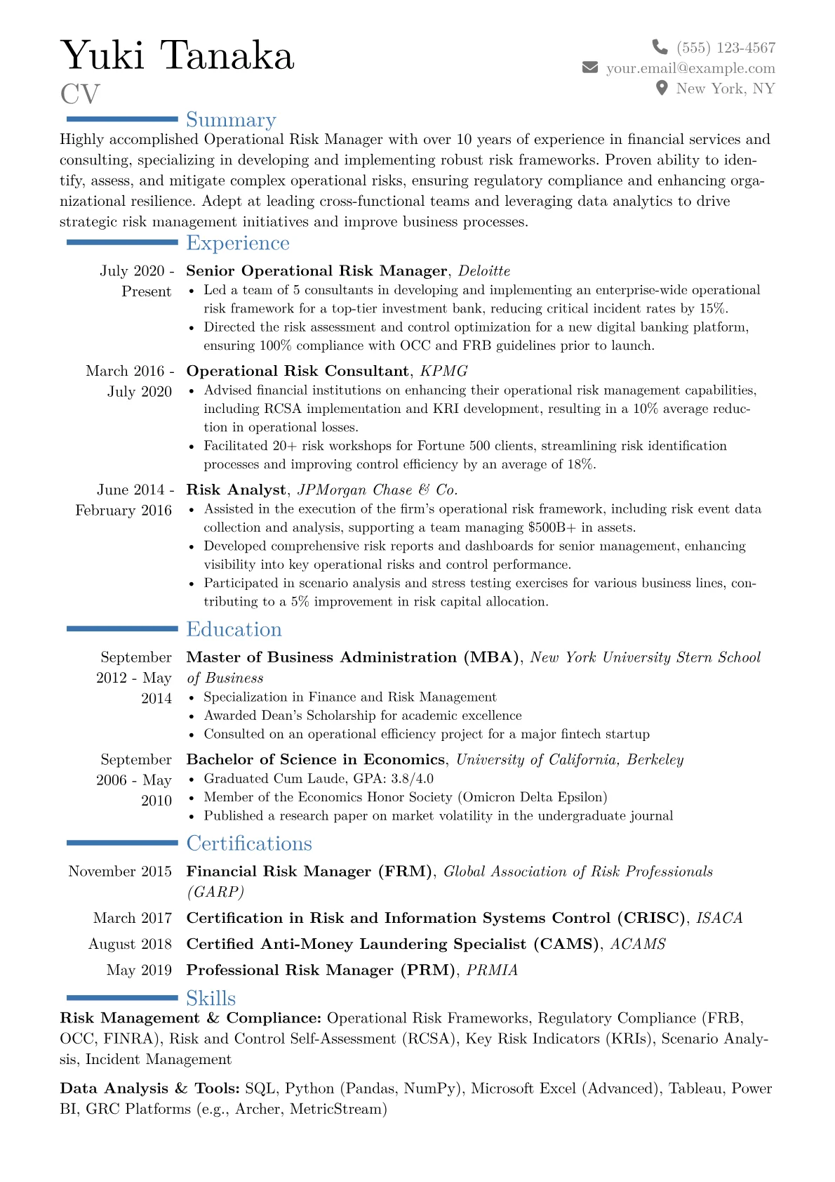 Operational Risk Manager Resume Example CV template - Page 1