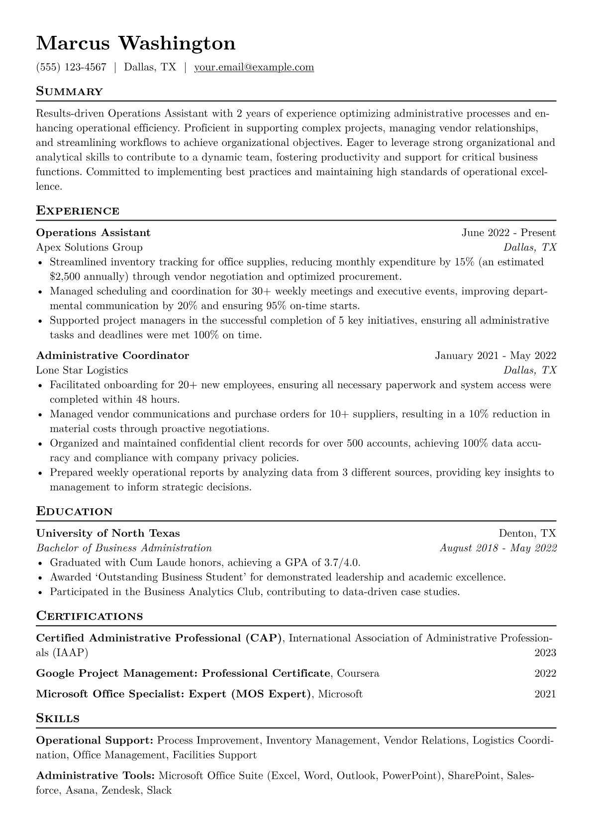 Operations Assistant Resume Example CV template - Page 1