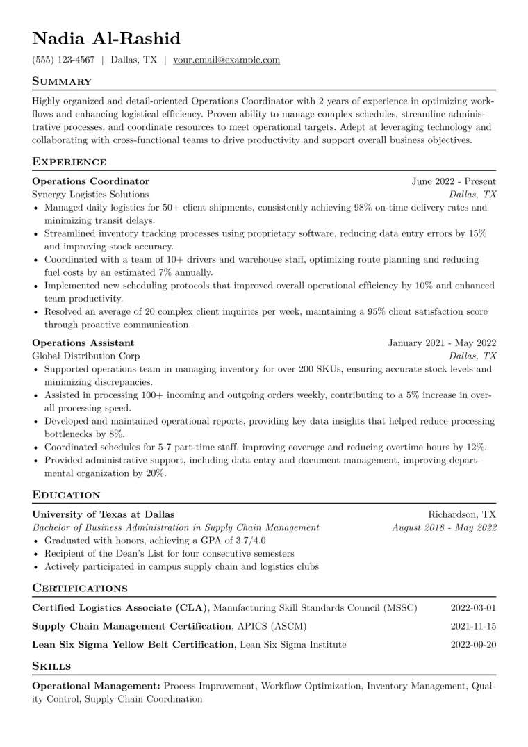 Operations Coordinator Resume Example CV template preview