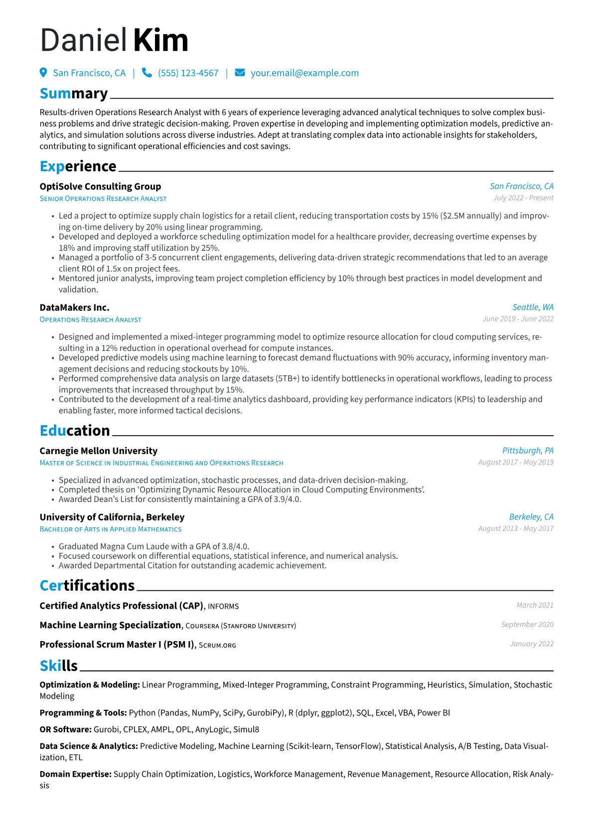 Operations Research Analyst Resume Example CV template - Page 1