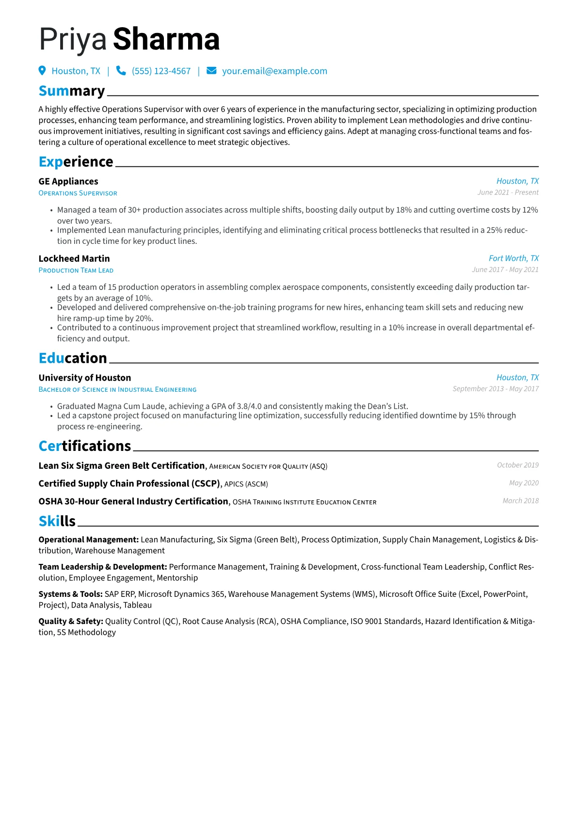 Operations Supervisor Resume Example CV template - Page 1