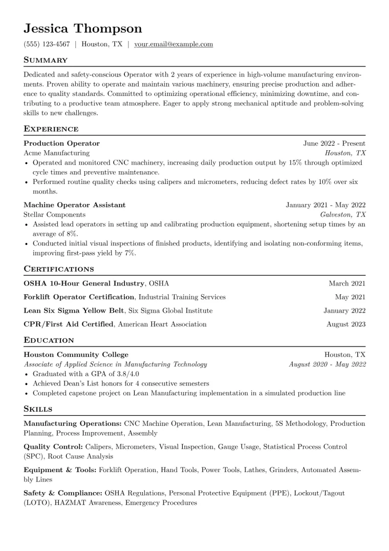 Operator Resume Example CV template preview