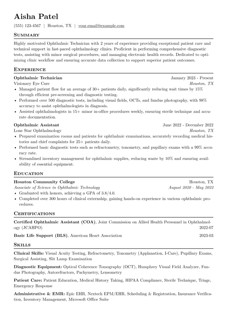 Ophthalmic Technician Resume Example CV template preview