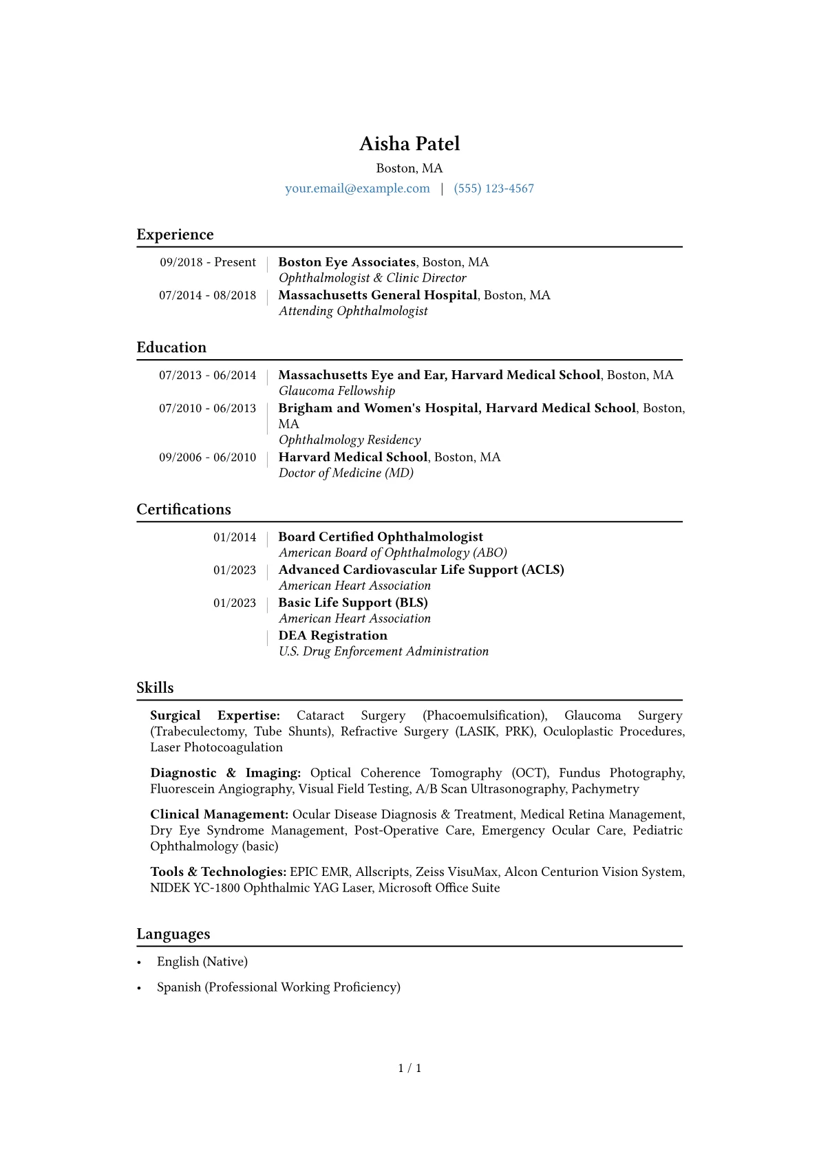Ophthalmologist Resume Example CV template - Page 1