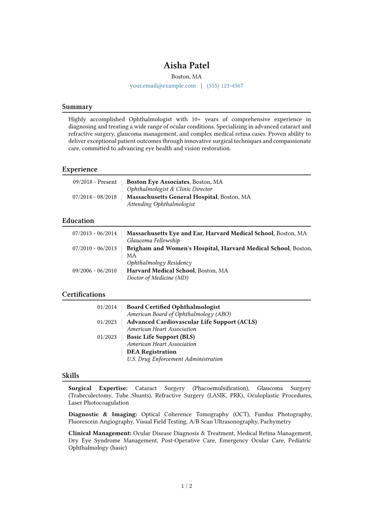 Ophthalmologist Resume Example CV template preview
