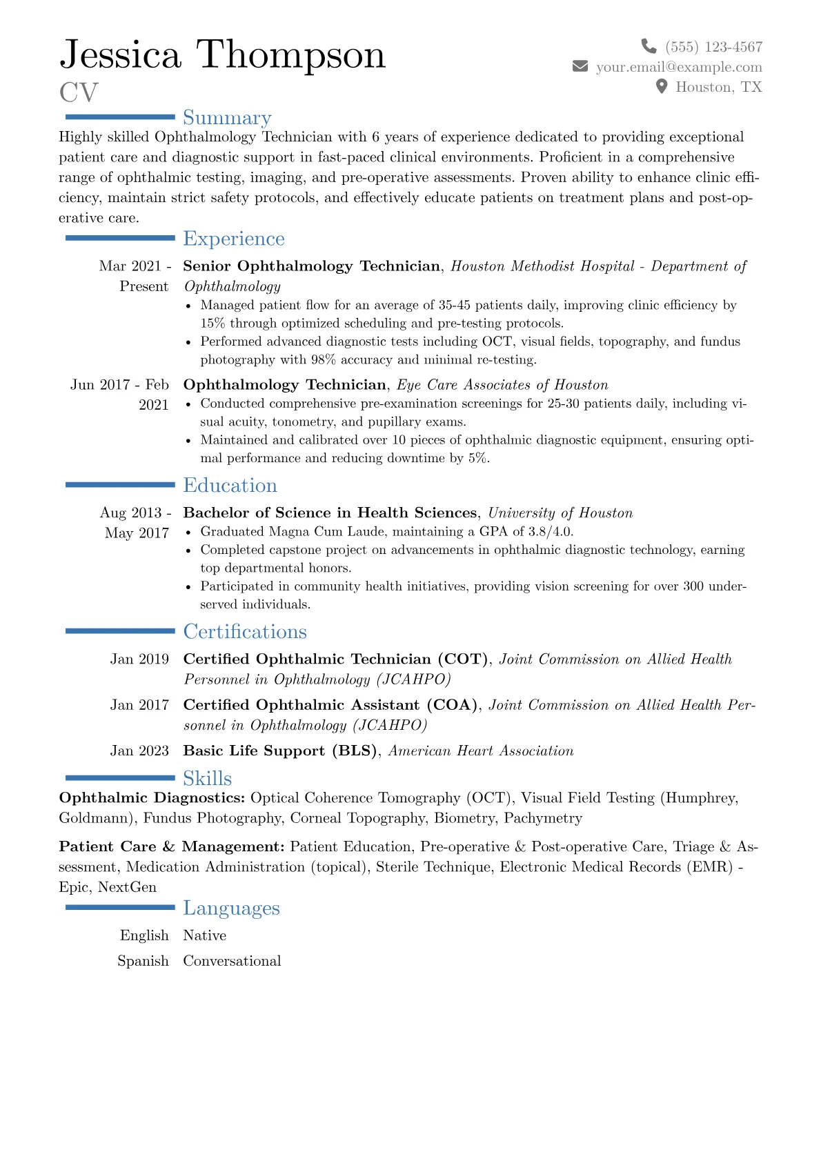Ophthalmology Technician Resume Example CV template - Page 1