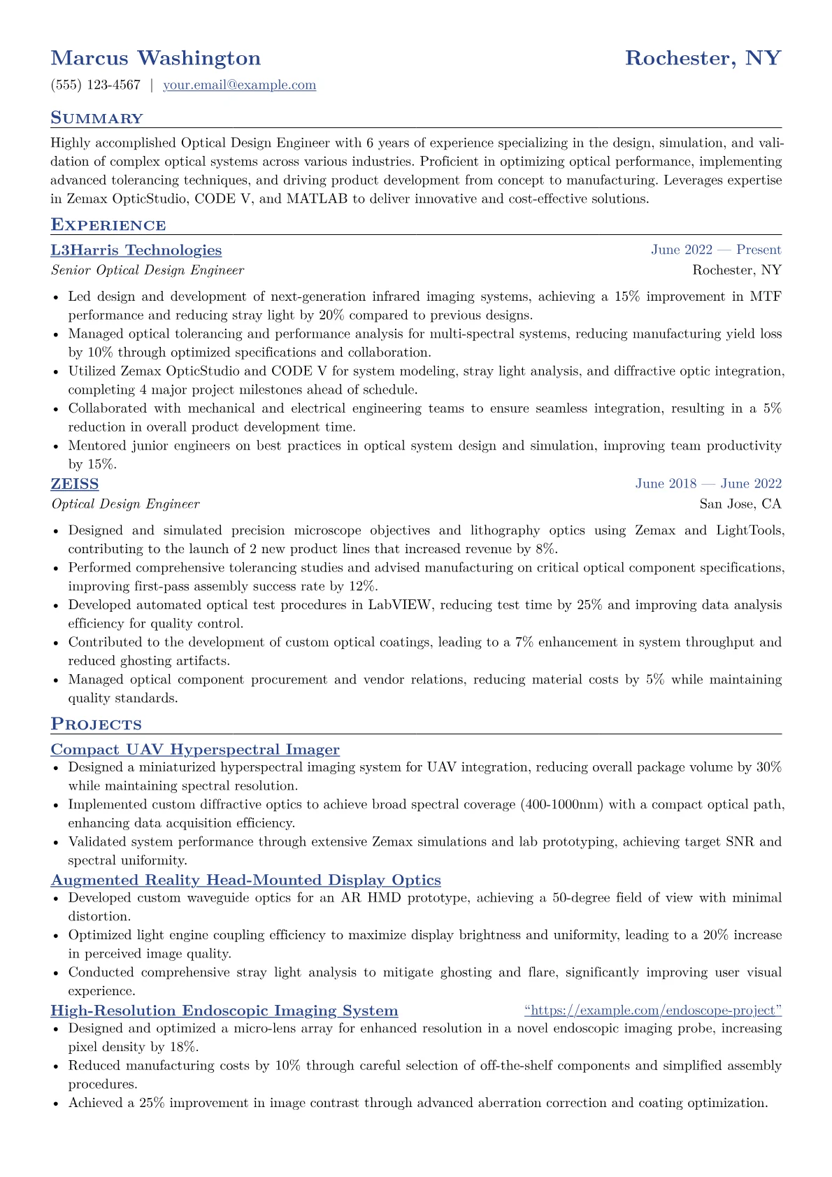 Optical Design Engineer Resume Example CV template - Page 1