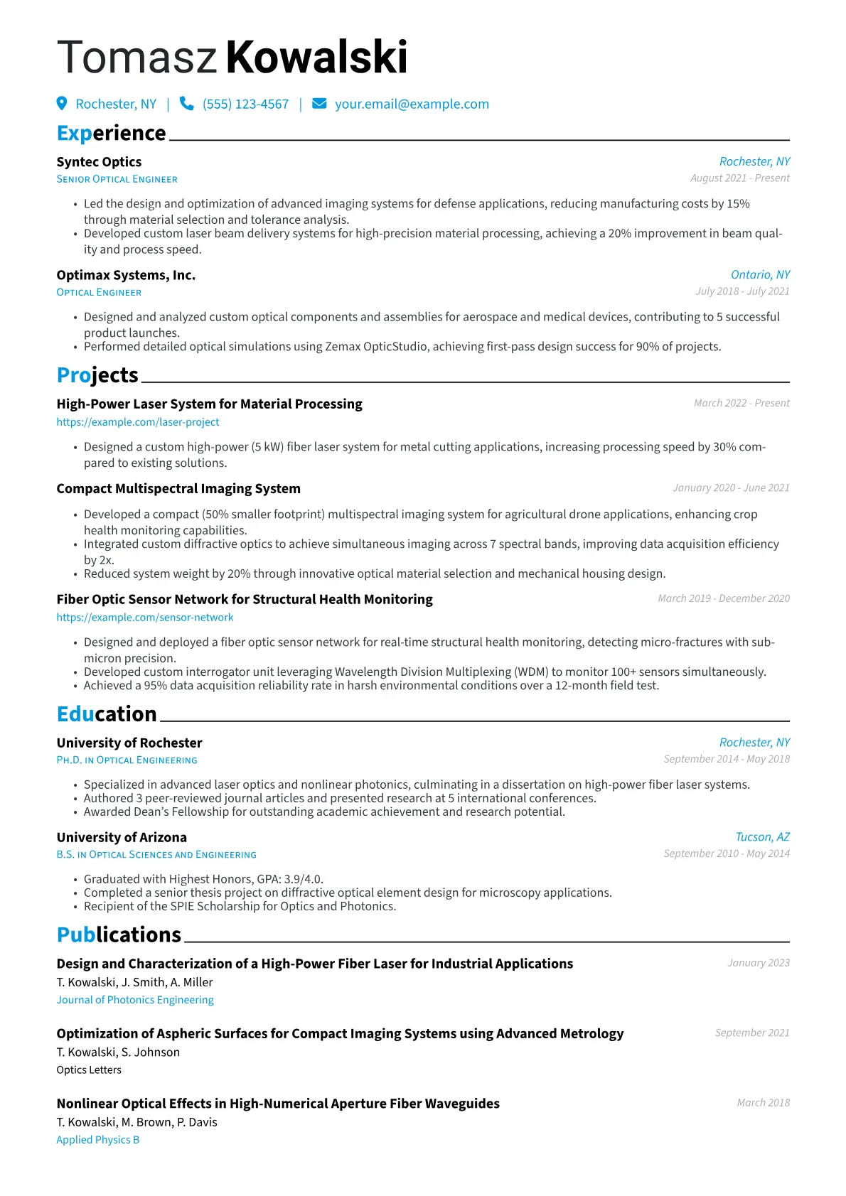 Optical Engineer Resume Example CV template - Page 1