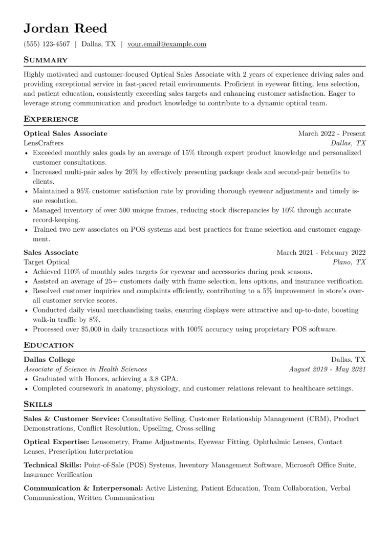Optical Sales Associate Resume Example CV template preview