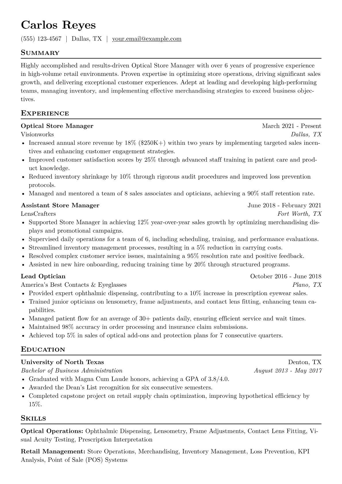 Optical Store Manager Resume Example CV template - Page 1