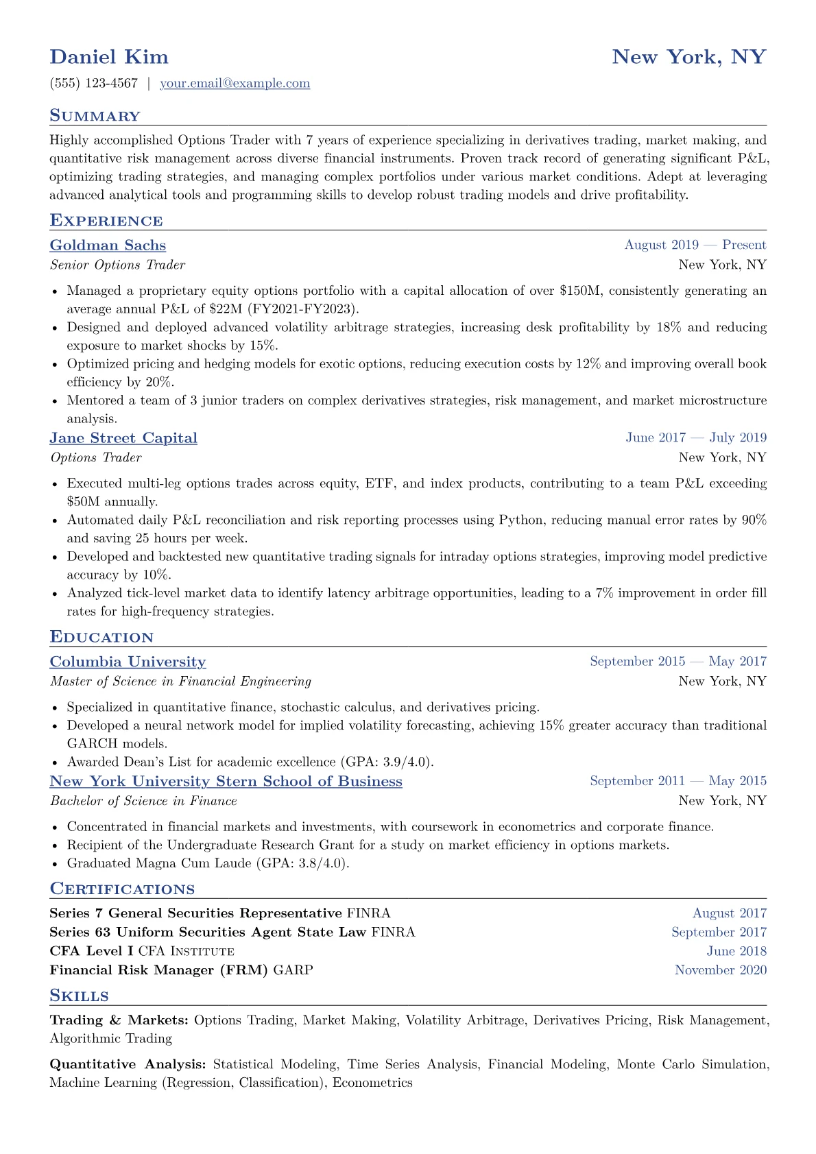 Options Trader Resume Example CV template - Page 1
