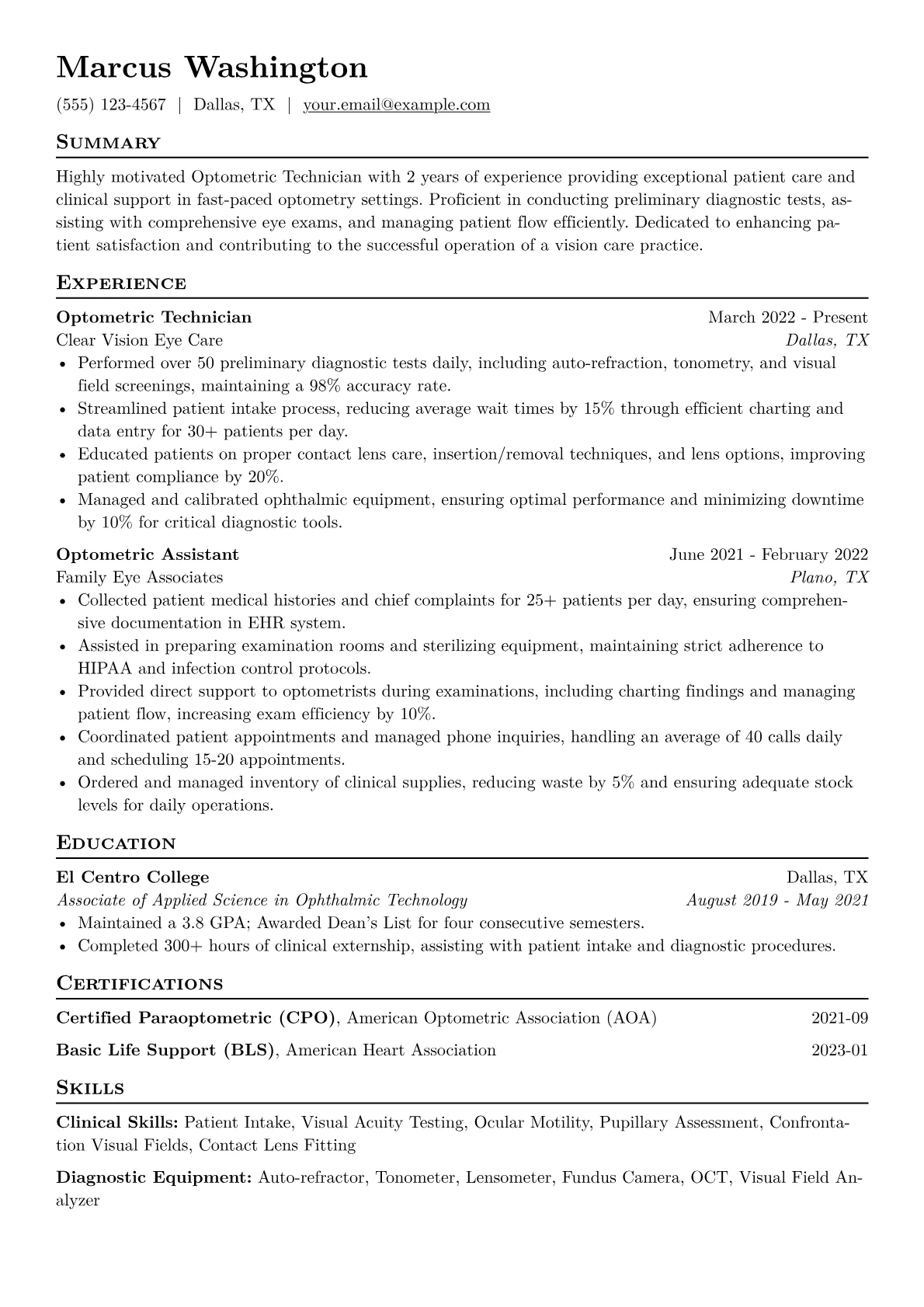 Optometric Technician Resume Example CV template - Page 1