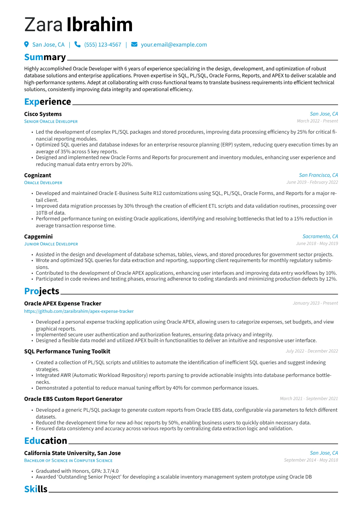 Oracle Developer Resume Example CV template - Page 1