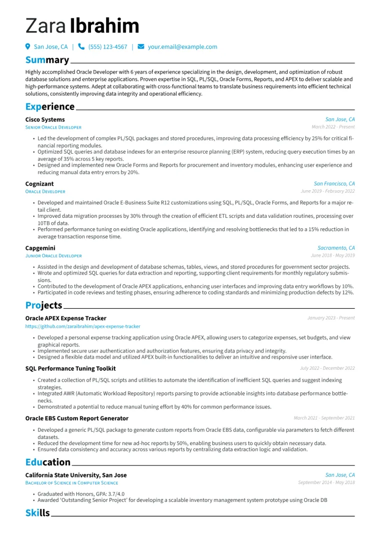 Oracle Developer Resume Example CV template preview