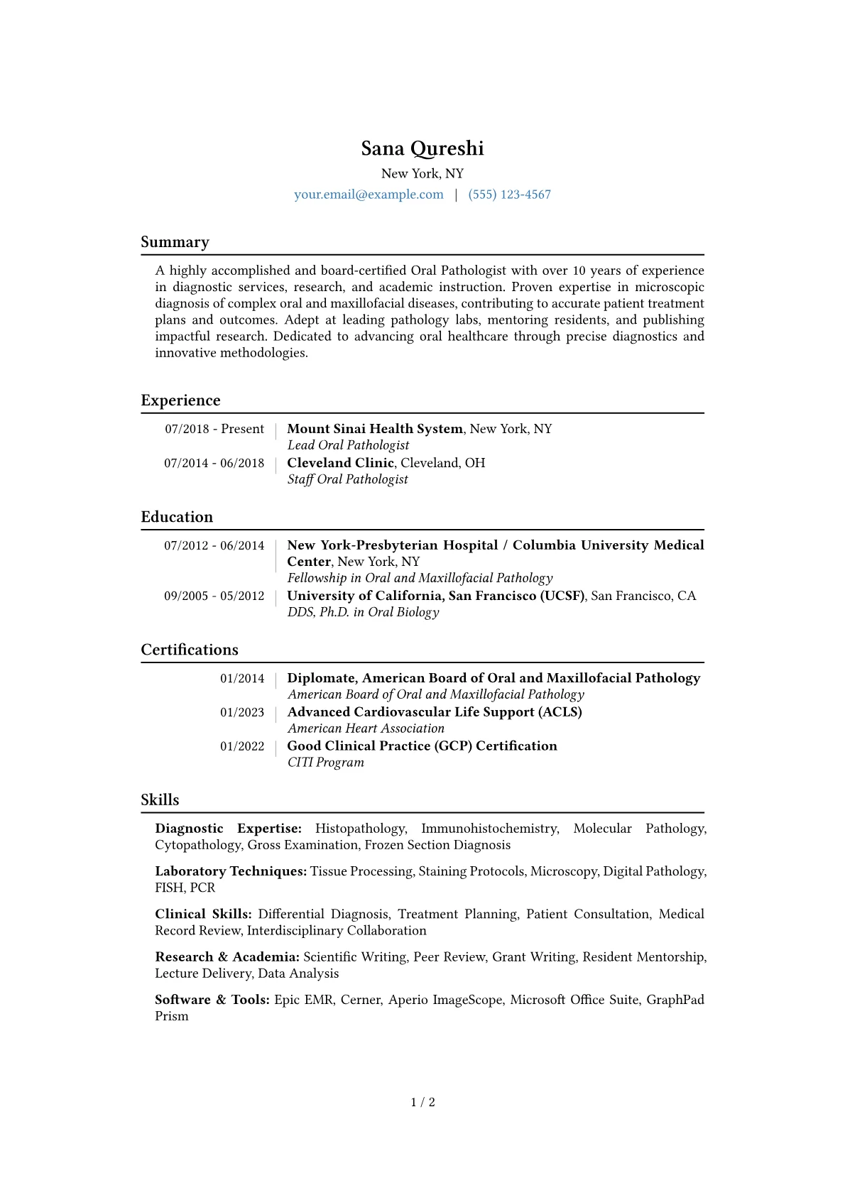 Oral Pathologist Resume Example CV template - Page 1