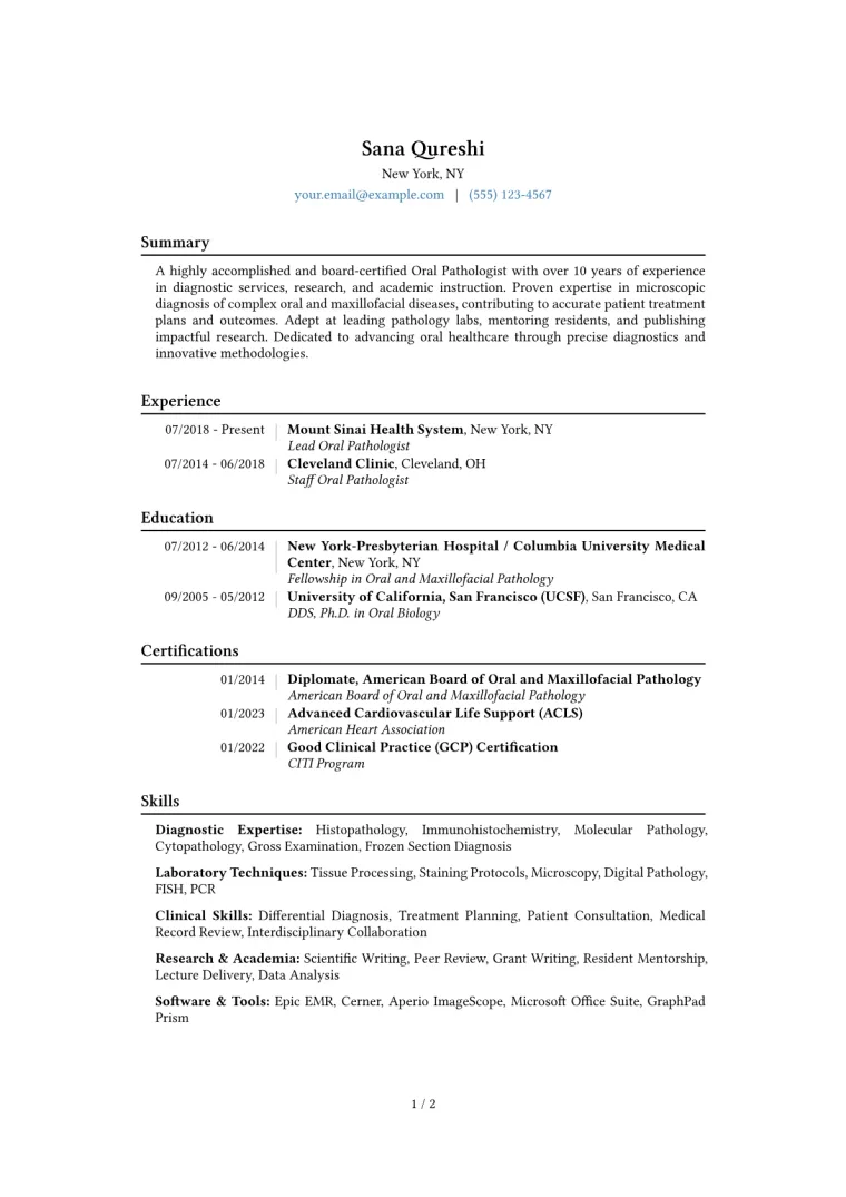 Oral Pathologist Resume Example CV template preview