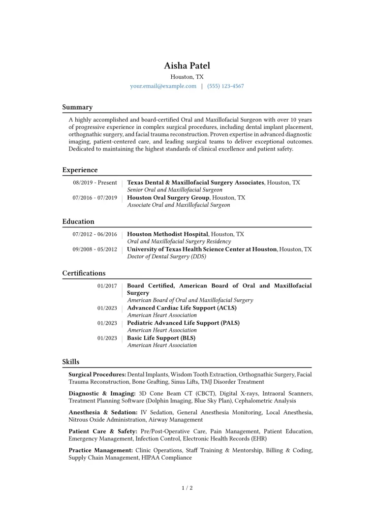 Oral Surgeon Resume Example CV template preview