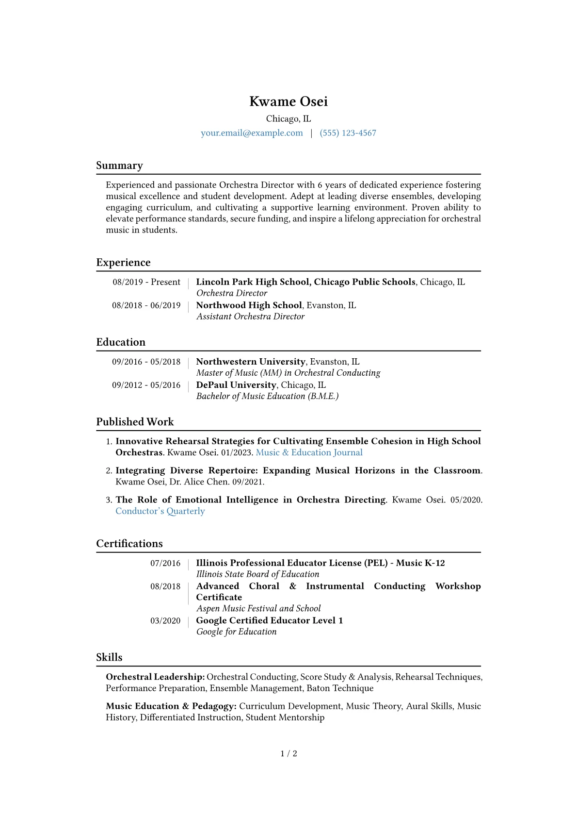 Orchestra Director Resume Example CV template - Page 1