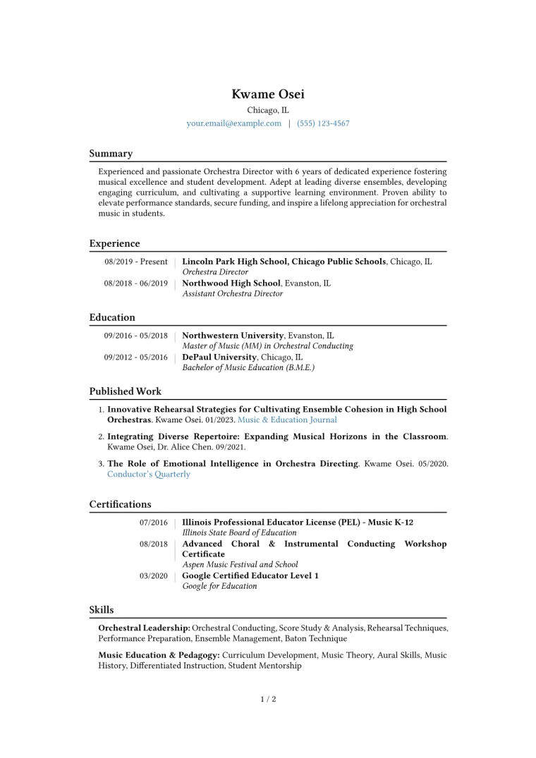 Orchestra Director Resume Example CV template preview