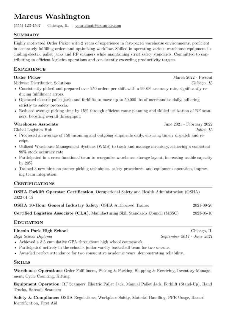 Order Picker Resume Example CV template preview