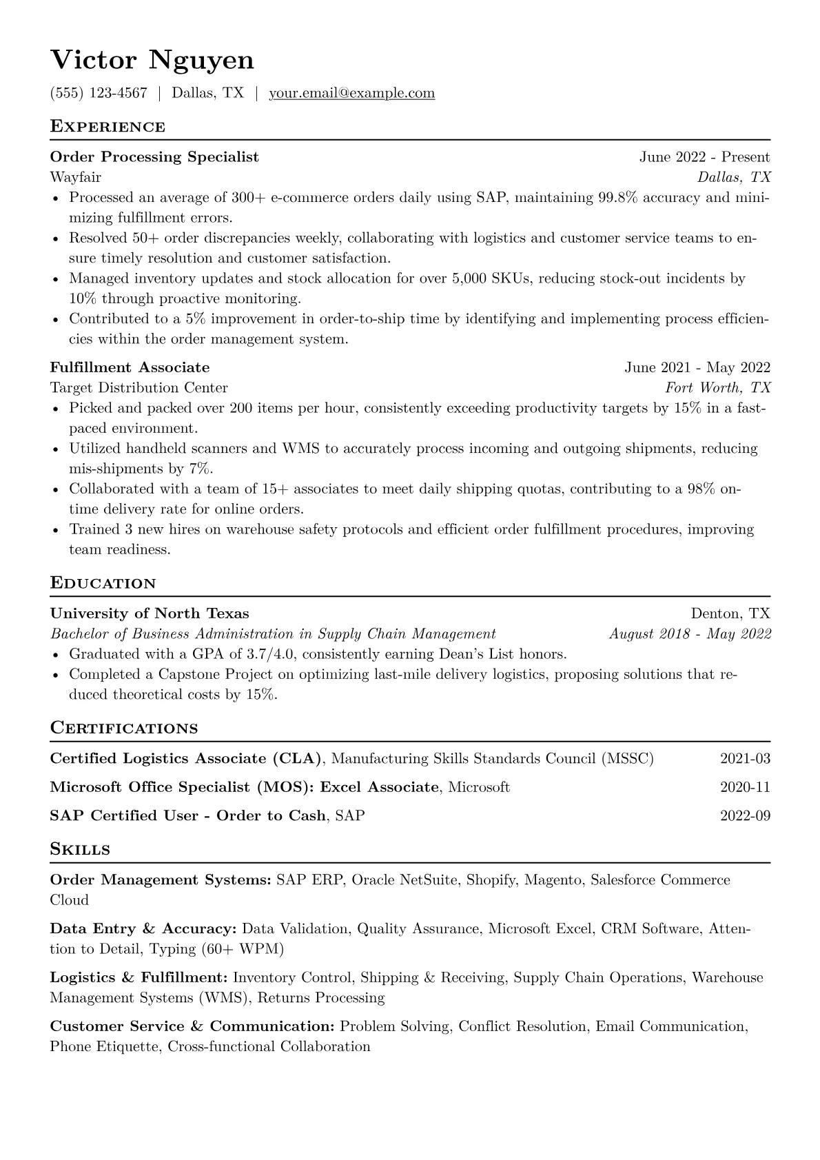 Order Processing Specialist Resume Example CV template - Page 1